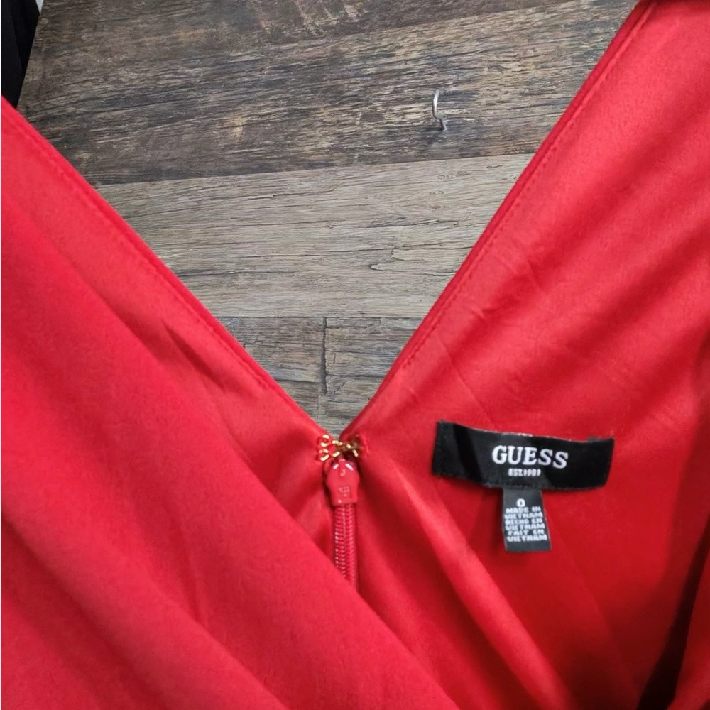 GUESS Red Draped V-Neck Midi Dress - Picture 3 of 13
